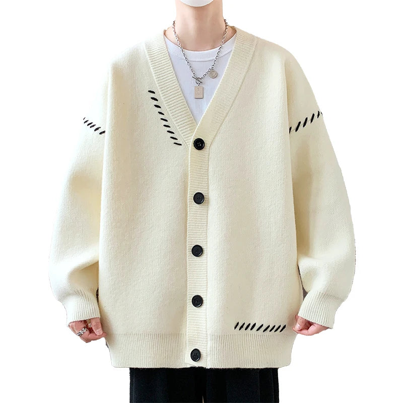 Men's Autumn Winter V-Neck Knit Cardigan Patchwork Loose Knitted Sweater