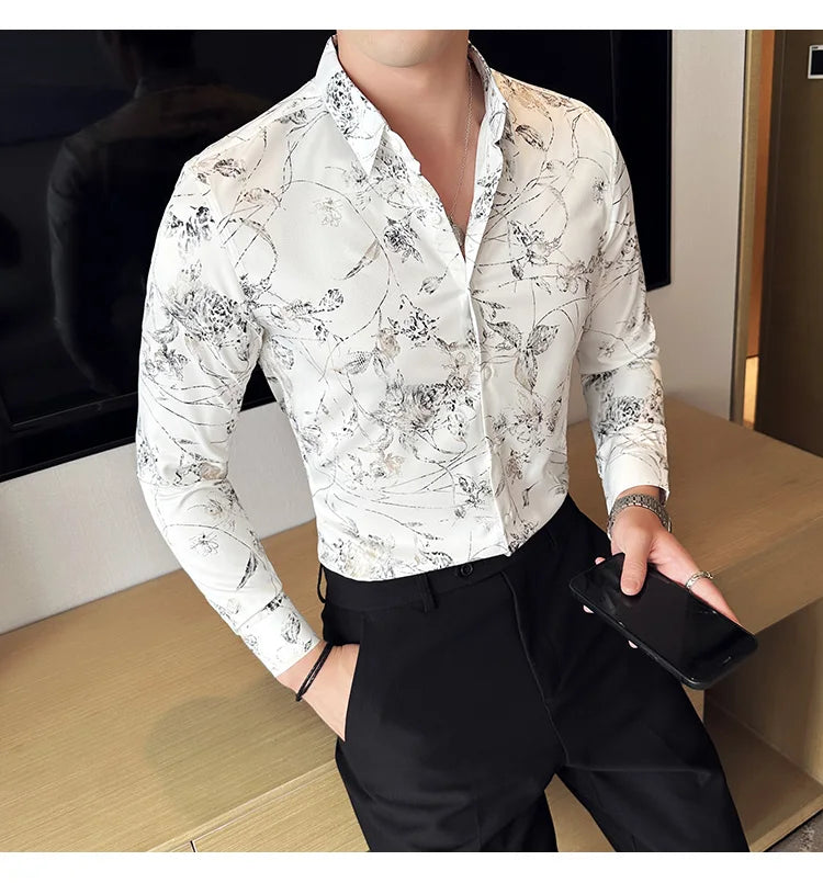 Men's Print Shirt - Slim Fit Long Sleeve Turn Down Collar Shirt
