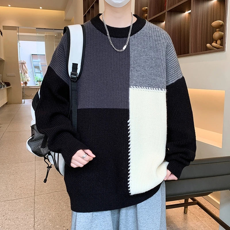 Men's Patchwork Round Neck Knit Pullovers Loose Casual Knitted Sweater