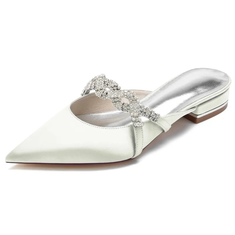 Women's Pointed Silver Insole Flat Sole Rhinestone Satin Sandals Slippers