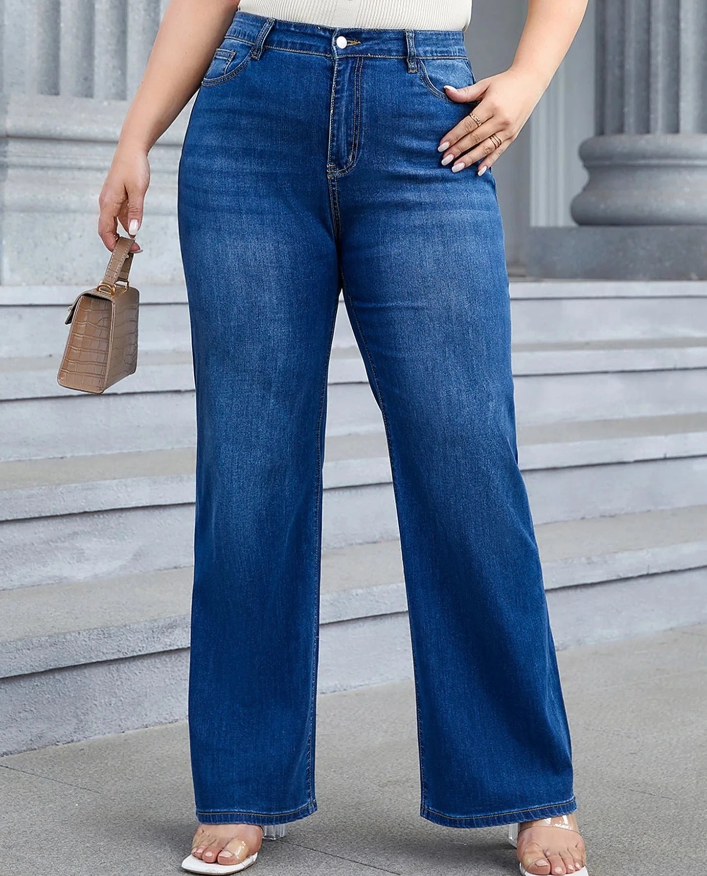 Plus Size Wide Leg Jeans - Women High Waist High Stretchy Straight Denim Jeans