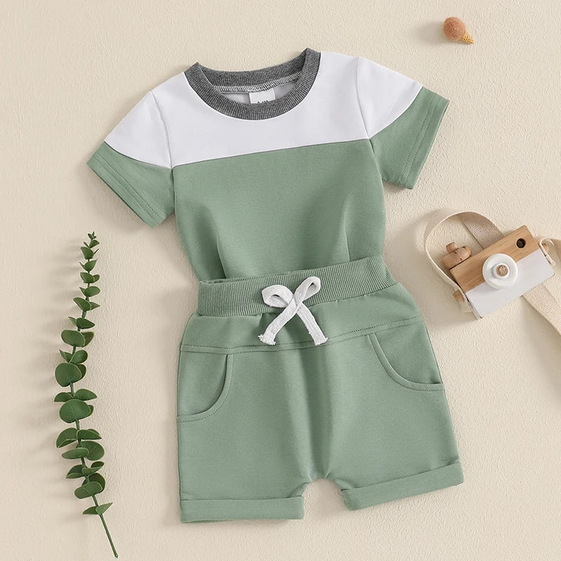 0-3Y Toddler Baby Boys Casual Clothes Set Contrast Colour Round Neck Short Sleeve Tops Pockets Shorts