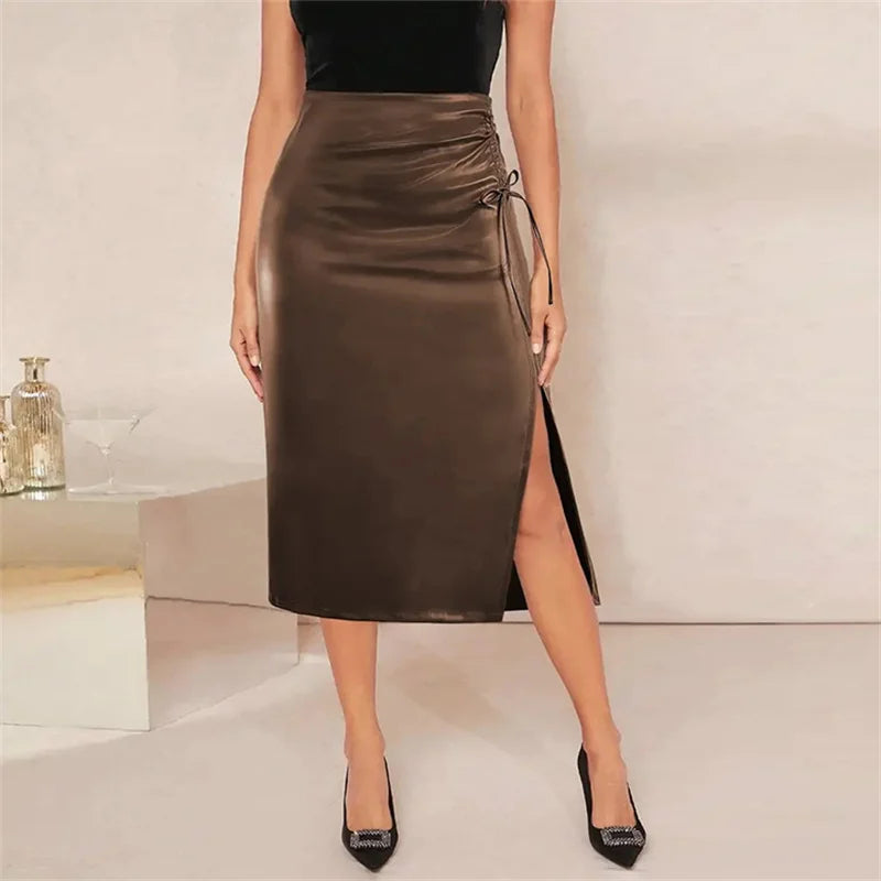 Women PU Leather Midi  Hip Slit Pencil High Waist Skirt