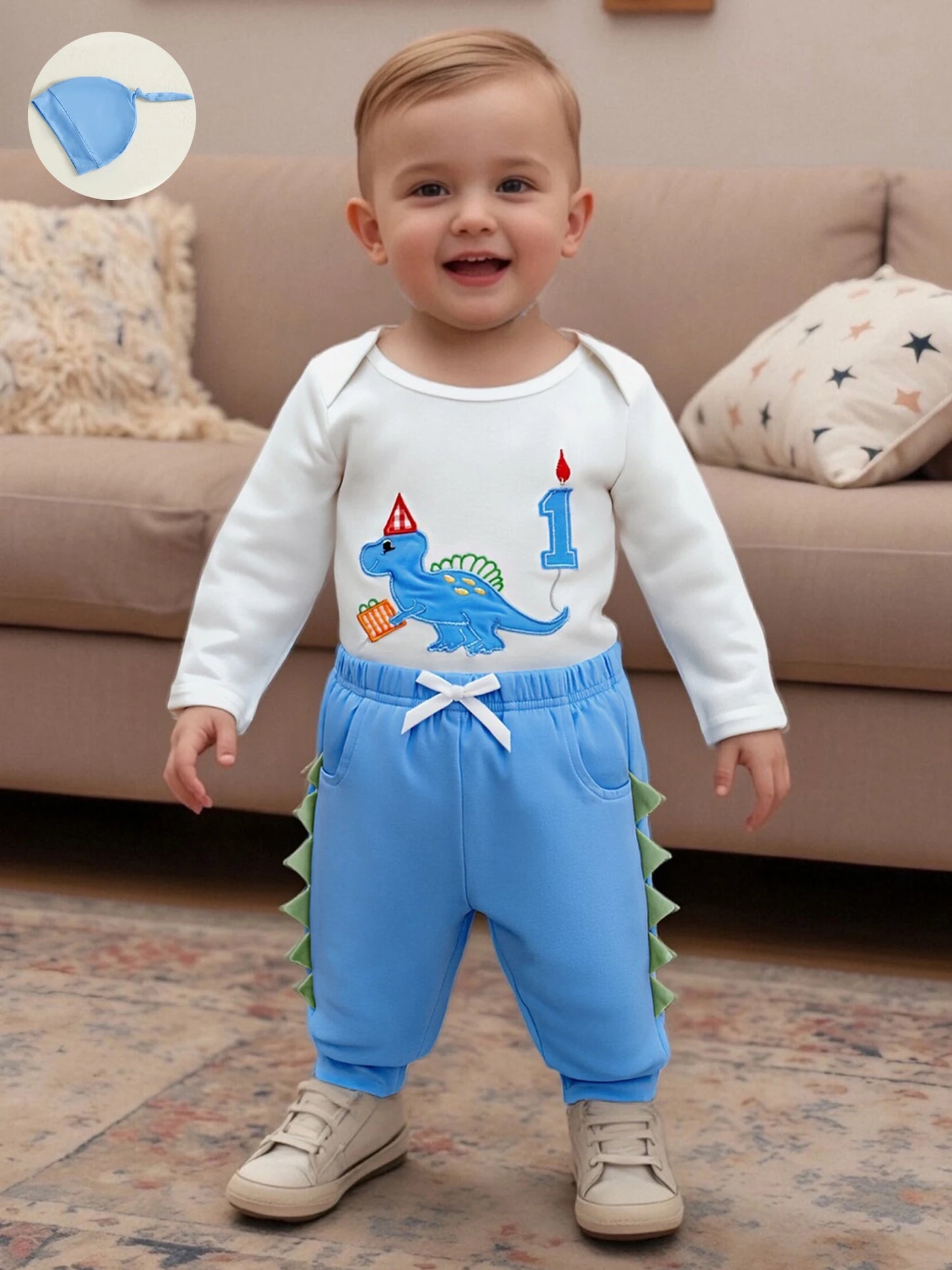 Newborn Baby Boys Birthday Clothing Set - Dinosaur Embroidery Romper, Pants & Hat 3-Piece (0-18M)