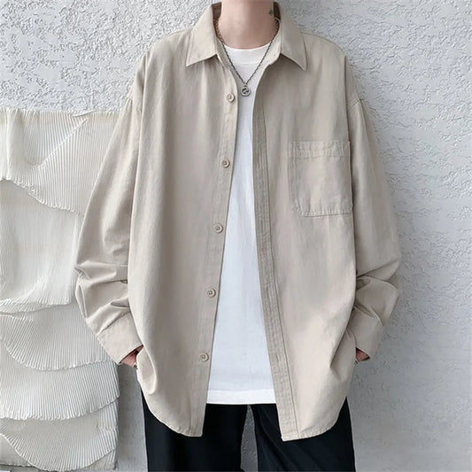 Men's Cotton Casual Spring Autumn Long Sleeve Canvas Loose Turn Down Collar Shirt