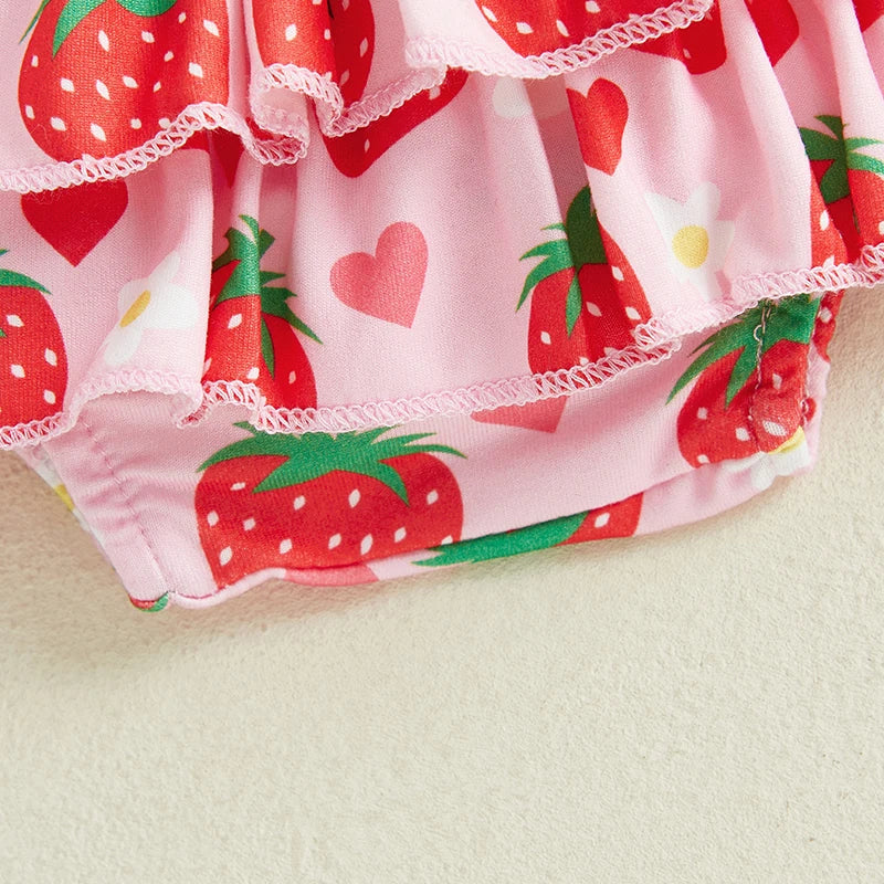 0-18M Baby Girls Summer Clothes Sets Flying Sleeves Letter Fruit Print Romper Tiered Ruffled Shorts with Headband