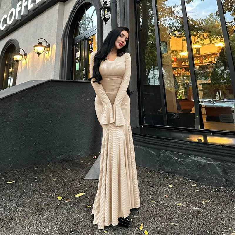 Women's Bandage Long Sleeve Casual Outfits Elegant Frill Ribbed Maxi Dress