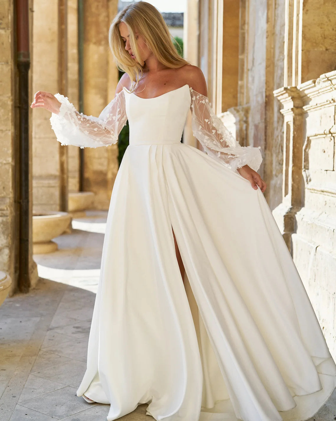 Women's Off Shoulder Long Sleeve Simple Brides Wedding Dress