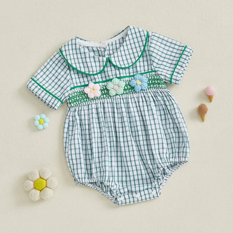 Baby Girls Summer Plaid Romper - Doll Collar Short Sleeve with Flower Embroidery (0-18M)