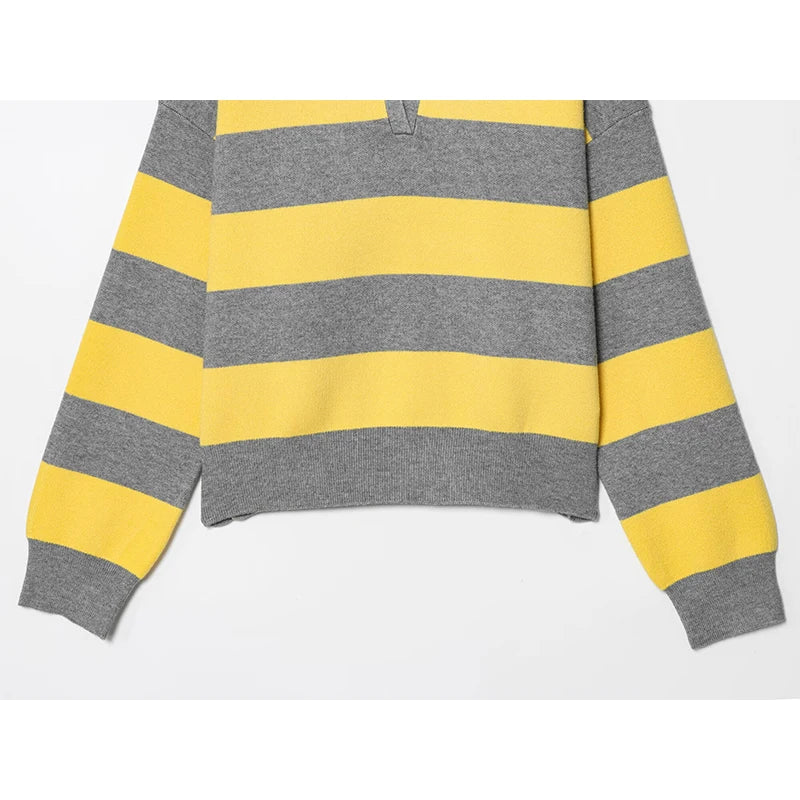 Striped Knit Polo Neck Sweater