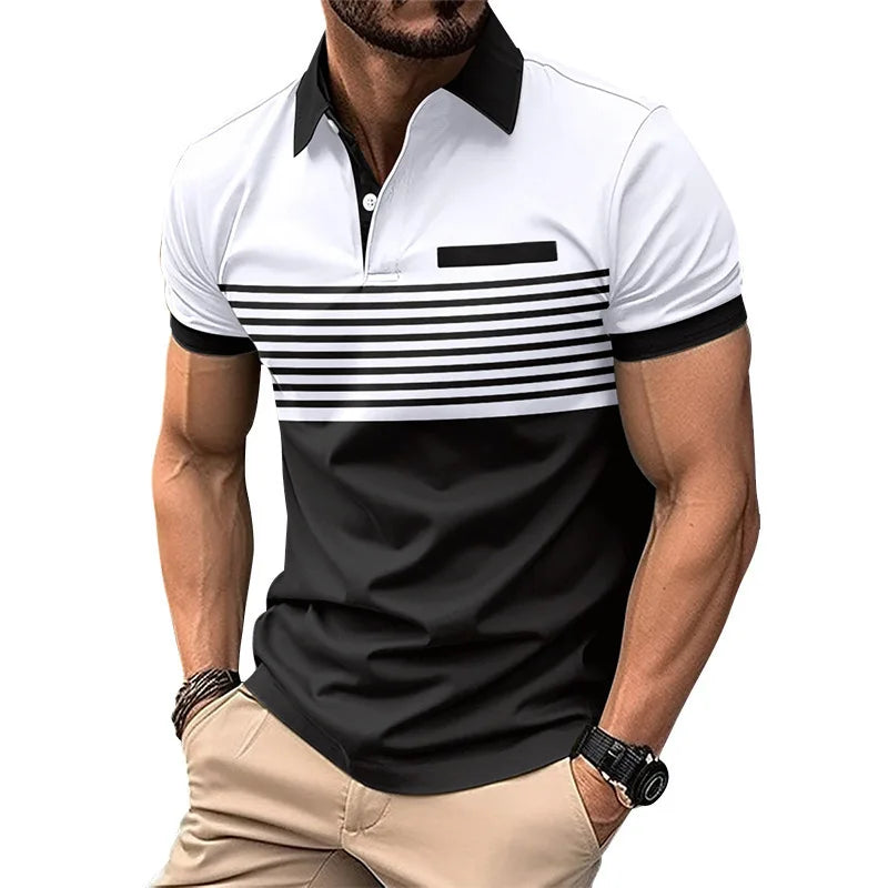 Men's Summer Polo Patchwork Short Sleeve Smart Casual Striped Turn Down Collar Shirt