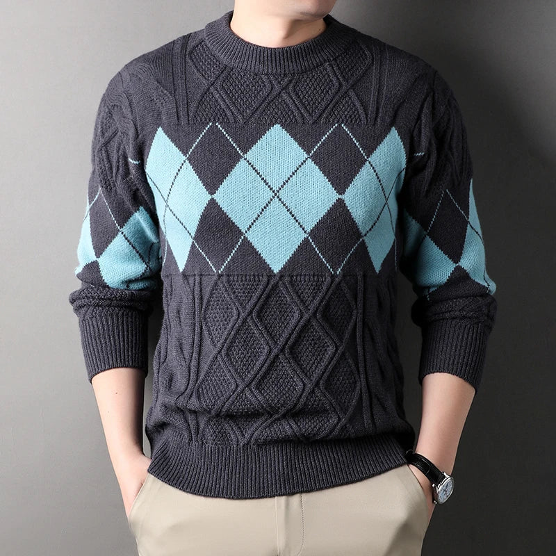 Men's Argyle Mock Neck Knitted Sweater - Warm Casual Pullover