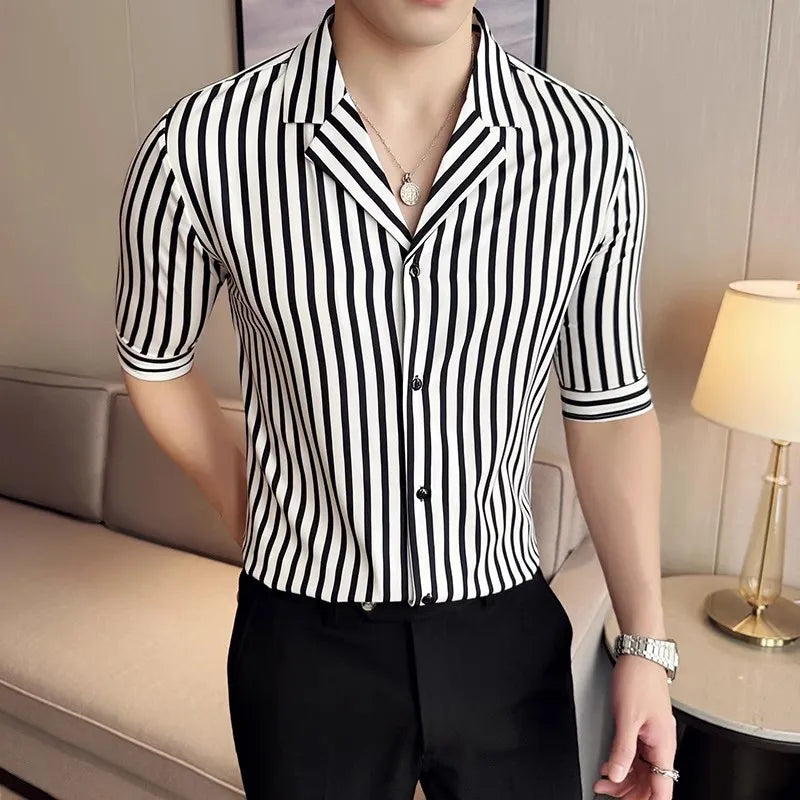 Men's Summer Half Sleeve Casual Slim Fit Striped Turn Down Collar Shirt