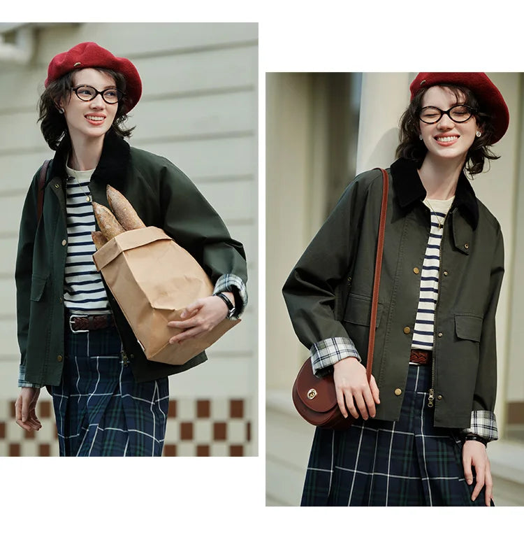 Women's Raglan Sleeve Patchwork Jacket - Loose Fit Retro Chic Autumn Coat