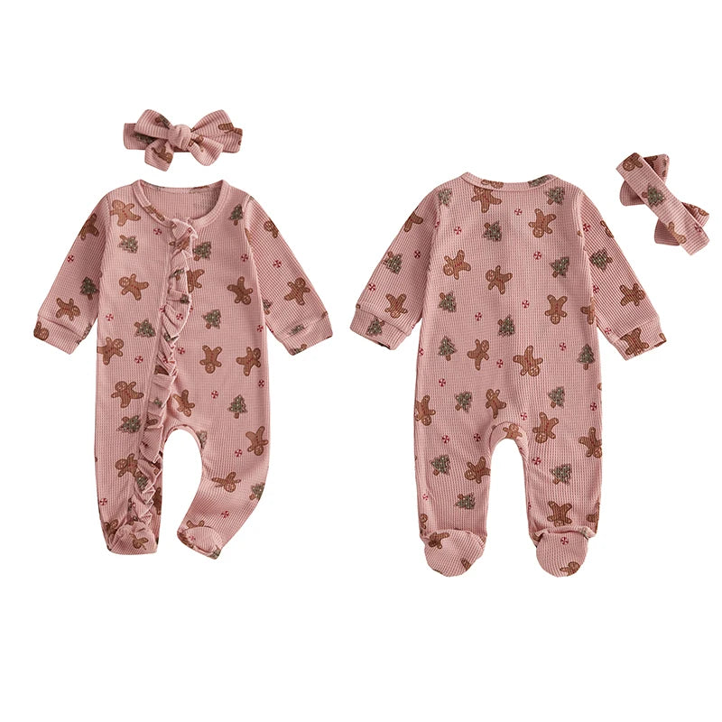 Baby Girls Boys Christmas Footies Jumpsuit Long Sleeve Gingerbread Print Ruffle Romper with Headband