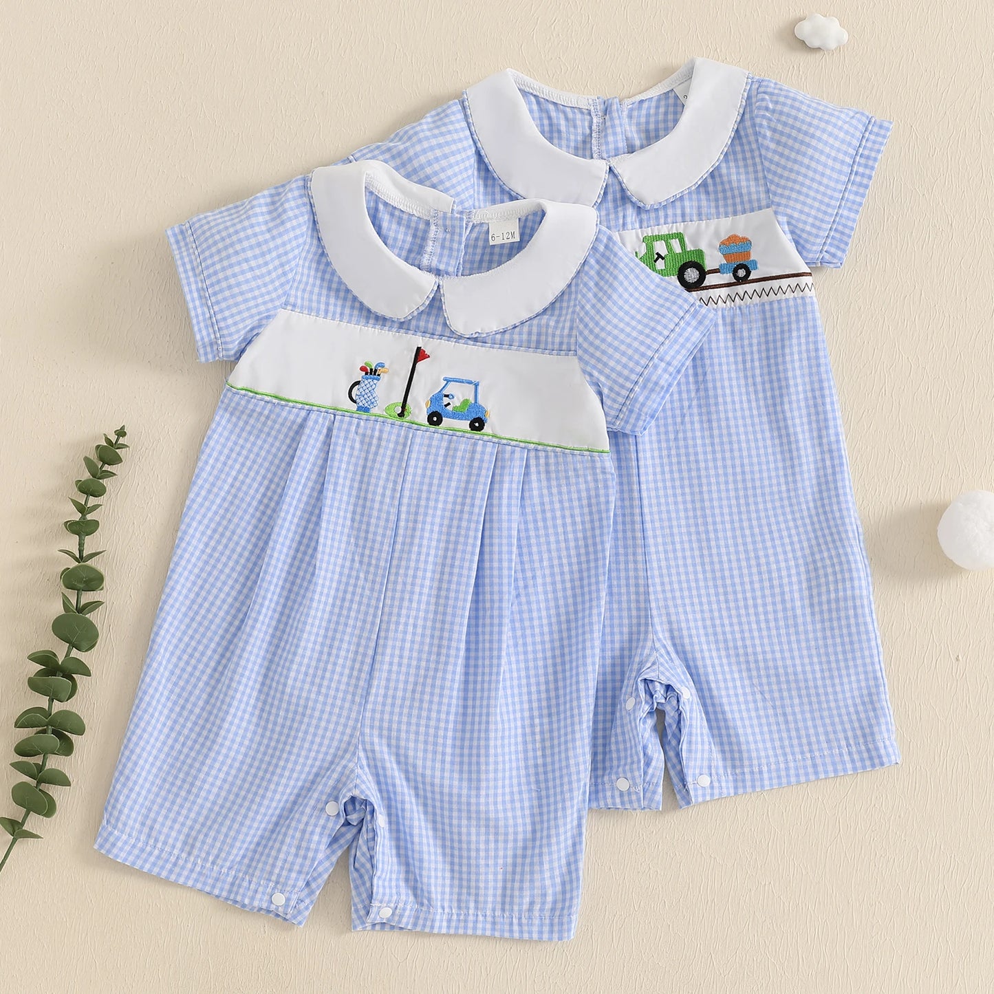 Baby Boys Romper - Doll Collar Golf Embroidery Plaid Jumpsuit