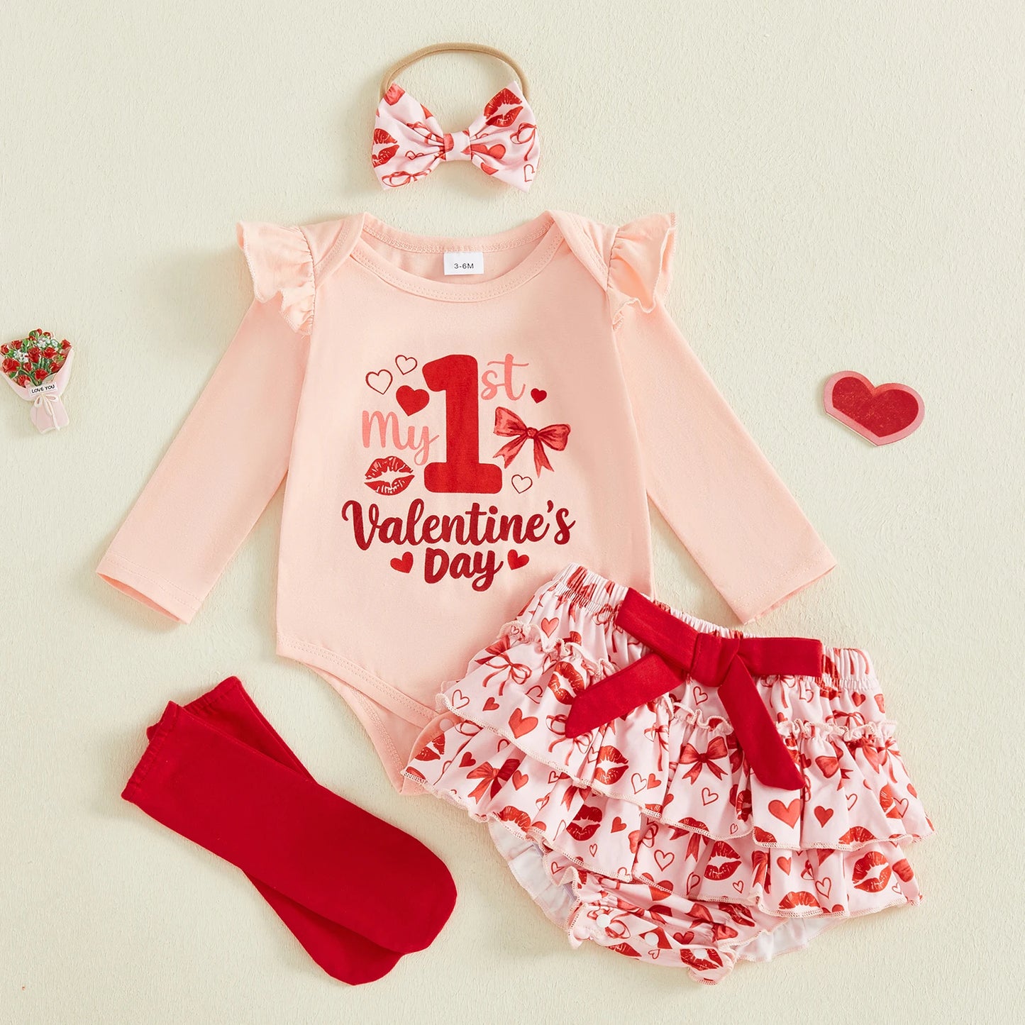 Baby Girls Valentine's Day 4-Piece Outfit Set - Romper, Skirt, Leg Warmers & Headband