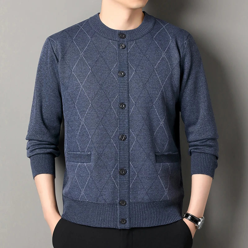 Autumn Winter O-Neck Argyle Cardigan - Smart Casual Fleece Sweater Coat