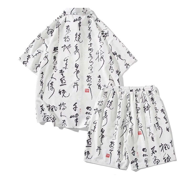 Men's Summer Print Chinese Style Short Sleeve Sports Casual  Shirt and Shorts