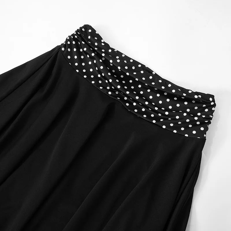 Women's Skirt Two Pieces Set Halter Neck Short Sleeve Top Polka Dot Print Patchwork Skirt Set