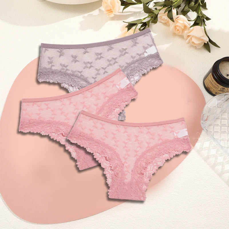 Women's Lace Underwear 3-Piece Set - Floral Hollow Out Briefs