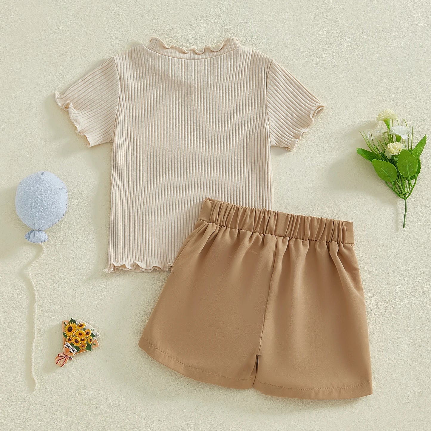 0-4Y  Kids Girls Summer Clothes Sets Short Sleeve Ribbed Top with Pleated A Line Skirt