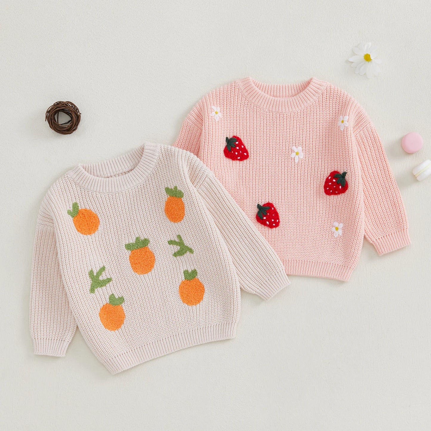 0-3Y Winter Baby Girls Lovely Knit Sweater - Long Sleeve Flower Fruit Embroidery Pullover Knitwear