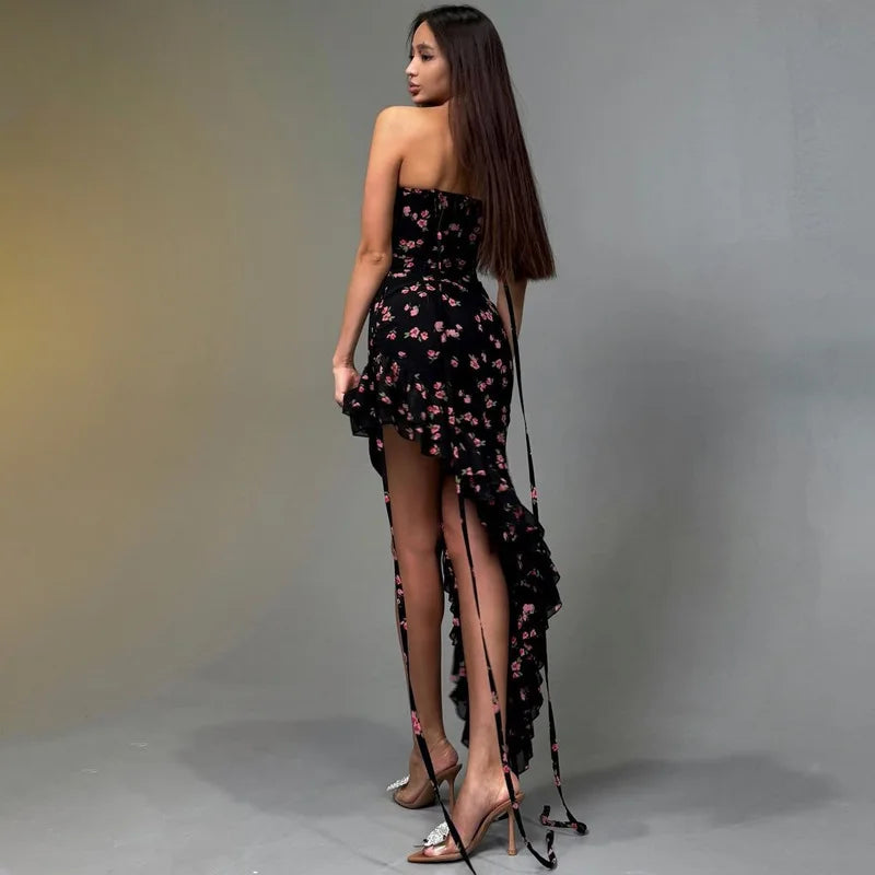 Women's Floral Slit Spaghetti Strap Ruffle Long Dress