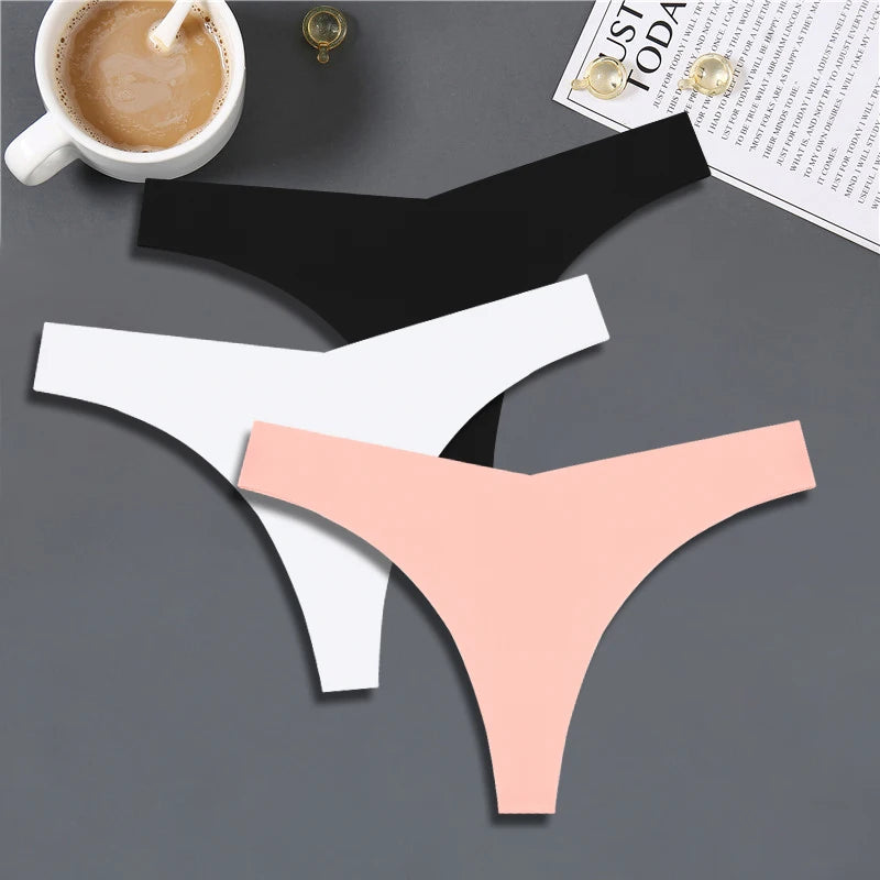 3PCS Women Ice Silk Seamless Underpants Panties, V-Waist Sport Thongs Low Rise 10 Solid Colours Breathable G-string