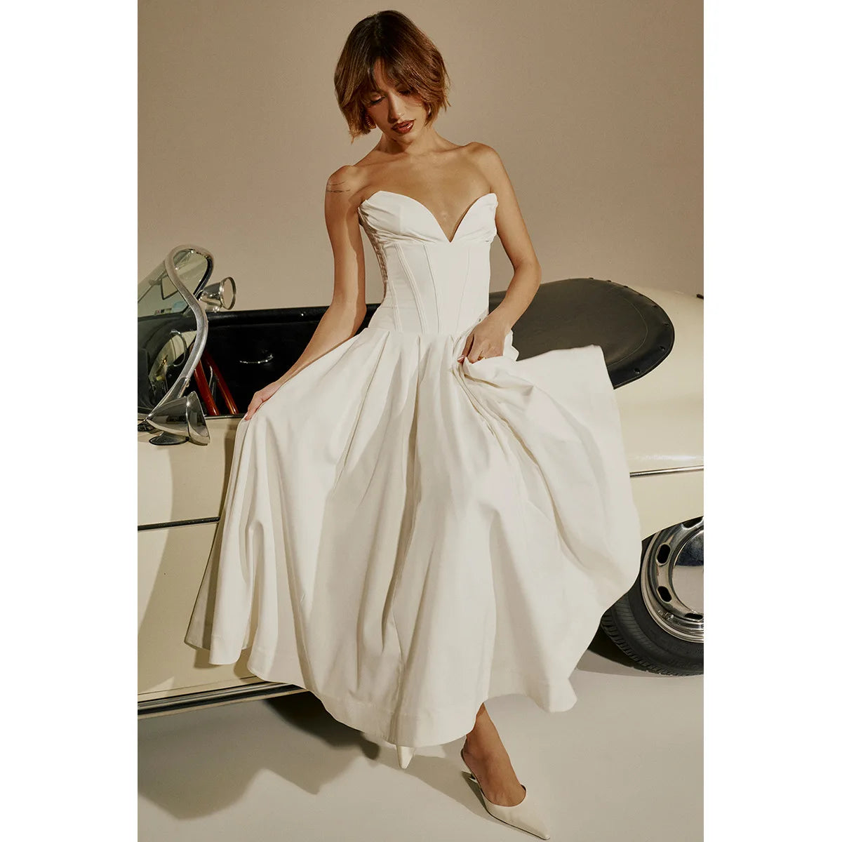 Strapless V Bar Slinky Midi Dress  Outfit - Women Frill Hem Sleeveless Corset Dress