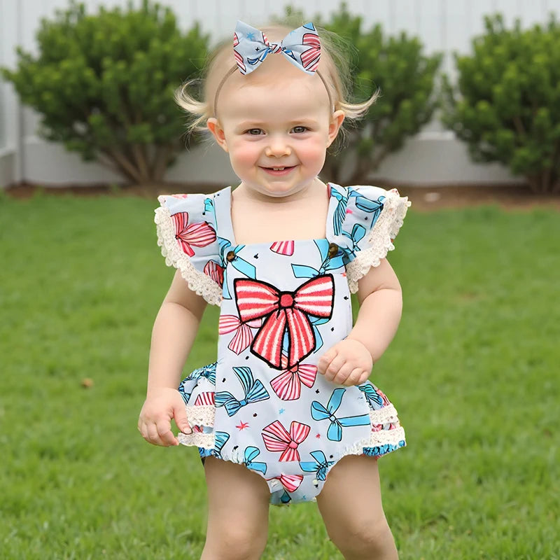 2pcs Baby Girls Independence Days Romper 0-18M Lace Flutter Sleeve Bow Embroidery Layered Hem Jumpsuit Headband