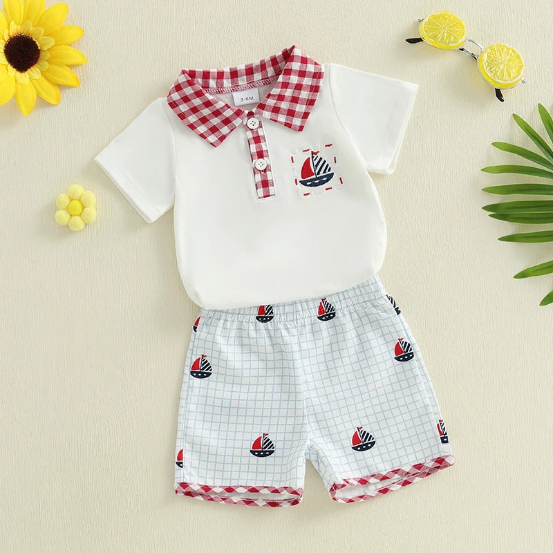 Baby Boys' Independence Day Outfit Set - Plaid Short Sleeve Shirt & Sailboat Shorts
