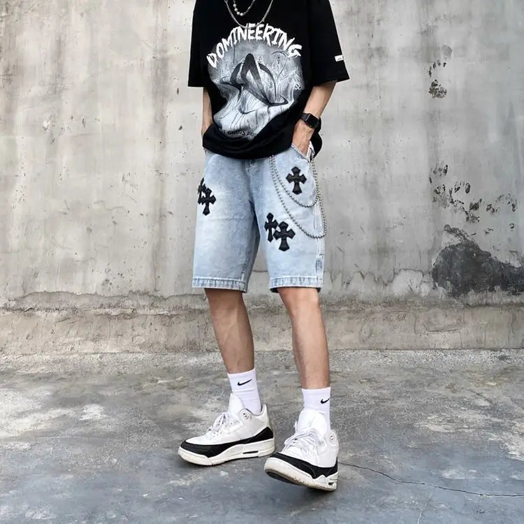 Men's Versatile American Cross Embroidery Washed Denim Shorts