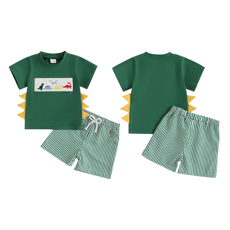 Baby Boys' Casual Outfit Set - Animal Embroidery Short Sleeve T-Shirt & Striped Shorts 2pcs