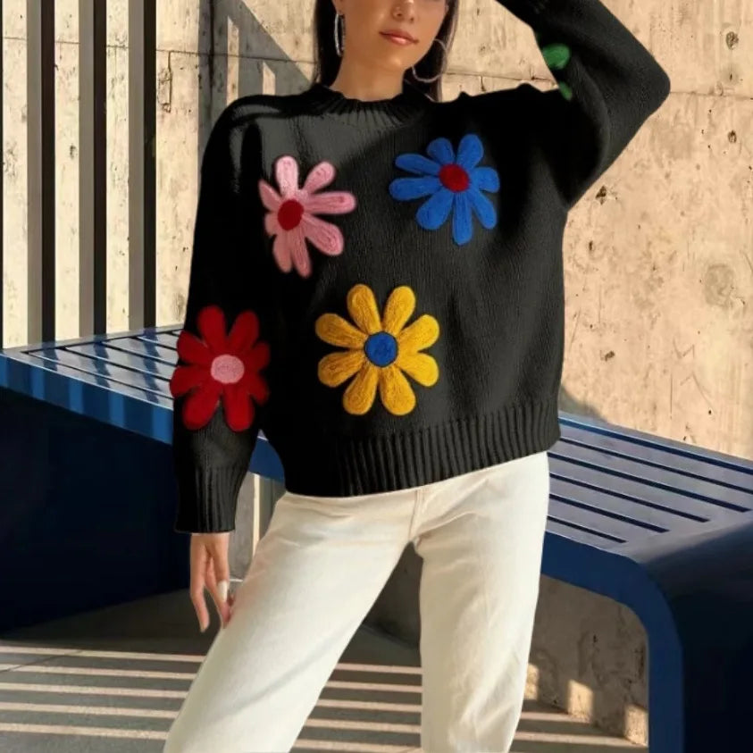 Women's Crochet Flower Pullover Knitted Sweater - Loose Lantern Long Sleeve Embroidery Knit Top