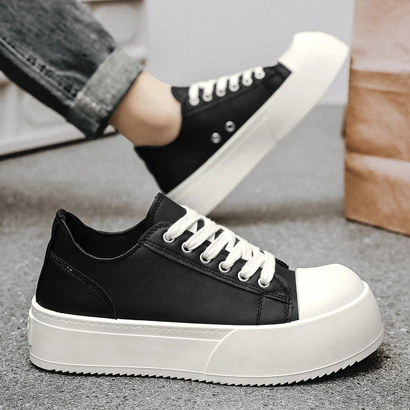 Men's Leather Platform Sneakers - Vulcanized Tennis Sports Shoes