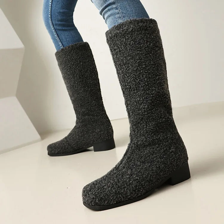 Women's Artificial Wool Winter Knee High Boots with Short Plush Lining