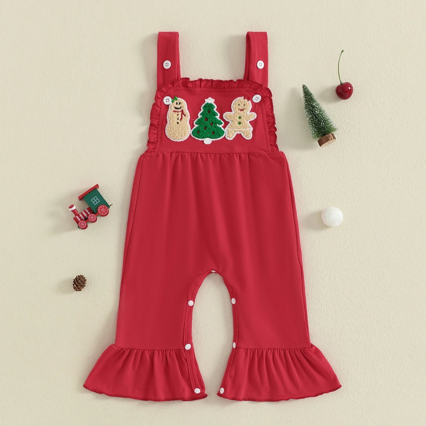 Baby Girls' Christmas Overall Romper - Tree Embroidered Sleeveless Bell Bottom Jumpsuit