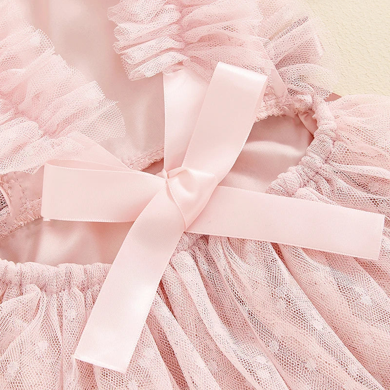 Baby Girls Princess Romper Dress with Hairband - Lace Flower Embroidery Tulle Jumpsuit