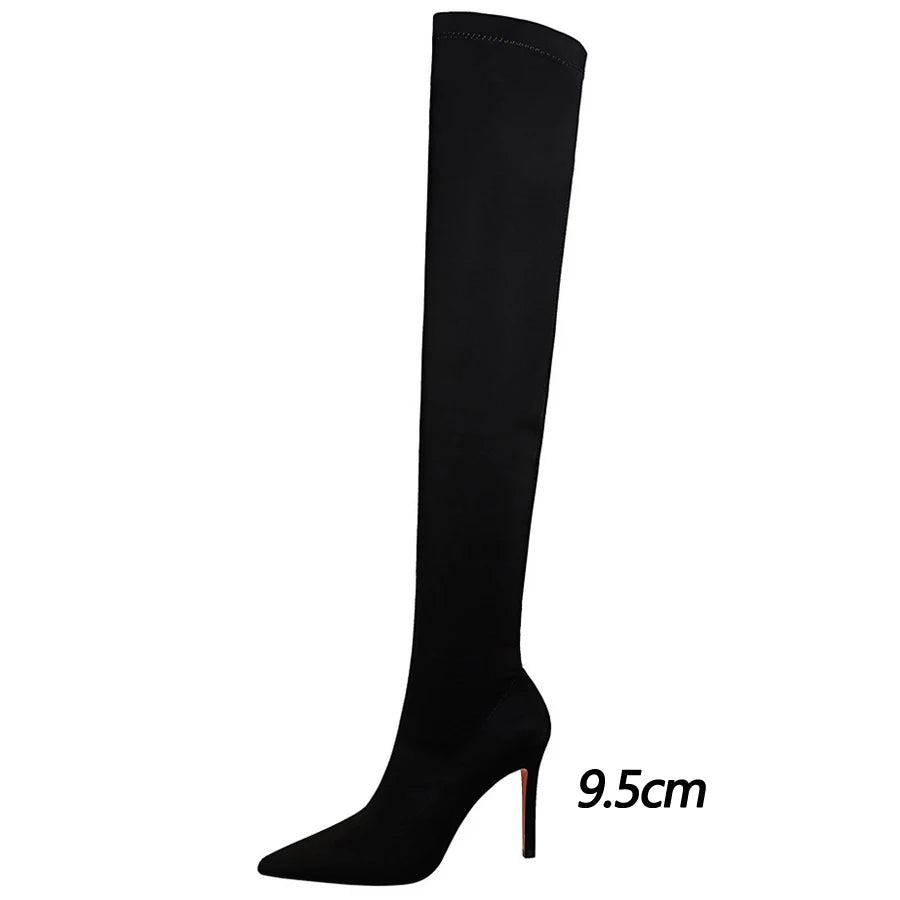 Satin Over-the-Knee Boots - Pointed Toe High Heel Elastic Autumn Winter Boots