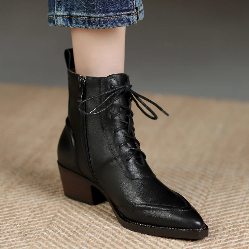 Women's Ankle Lace-up Genuine Leather Thick High Heels  Boots