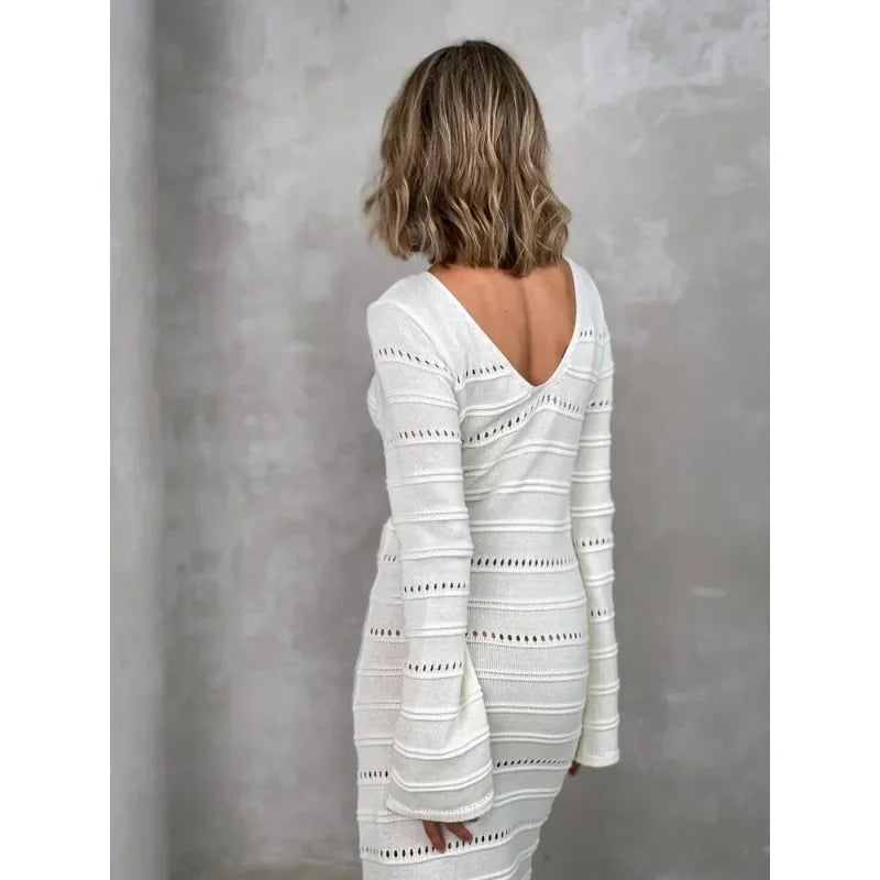 Women's Striped Hollow Two-Wear Knitted Long Dress  Sweater Dress