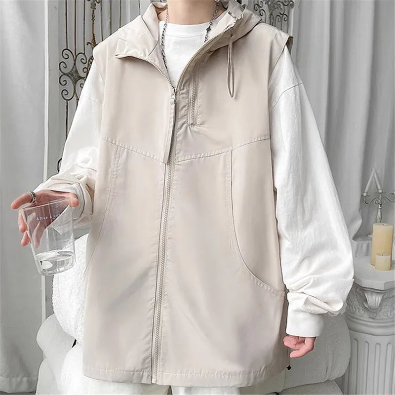 Hooded Cargo Vest - Multi-Pocket Sleeveless Jacket