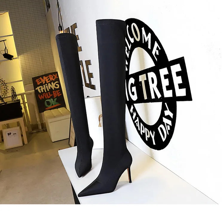 Satin Over-the-Knee Boots - Pointed Toe High Heel Elastic Autumn Winter Boots
