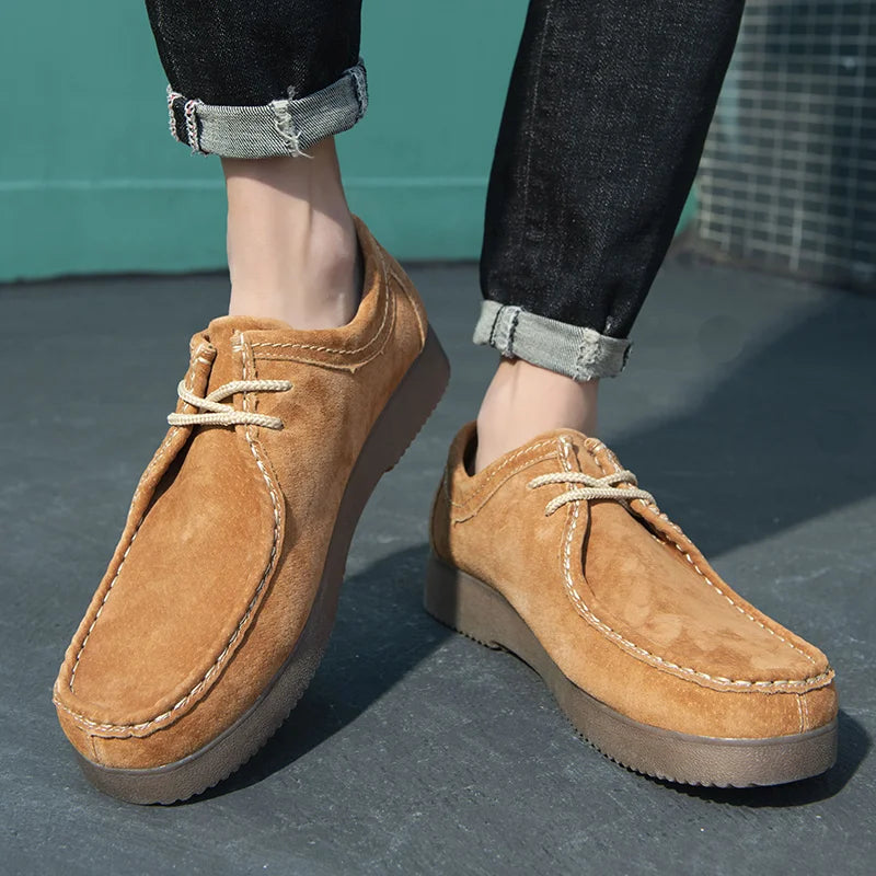 Men's Suede Leather Casual Shoes - Lace-Up Business Dress Sneakers