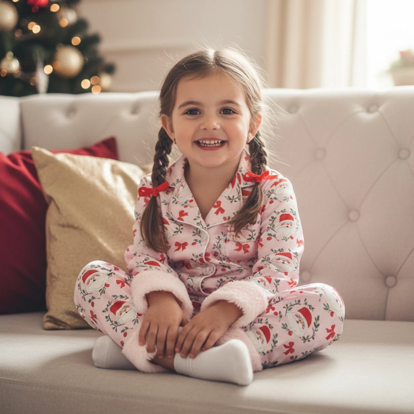Toddler Girls Christmas Pajamas Set - Santa Claus Bow Print Long Sleeve Top & Pants 1-5Y