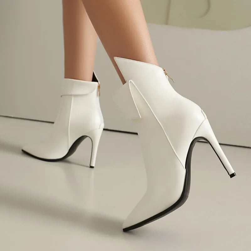 Women's Irregular Design Leather 10cm High-heeled Pointed Back Zipper Short Plush Ankle Boots