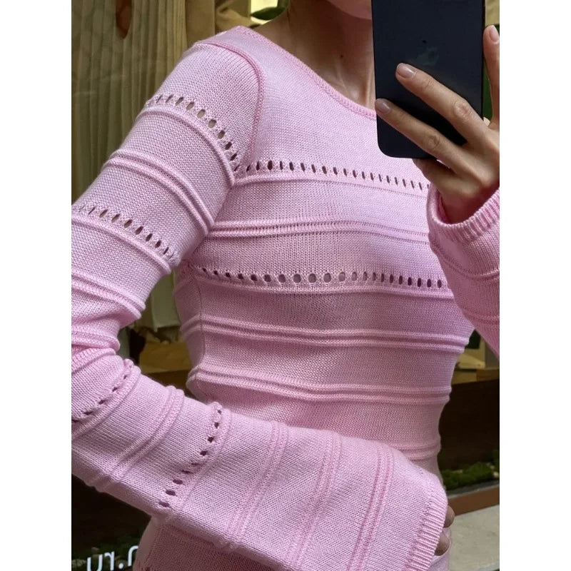 Women's Striped Hollow Two-Wear Knitted Long Dress  Sweater Dress