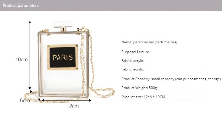 Women's  Perfume Bottle Clutch Bag  - Leather Chain Crossbody Acrylic Small Square Handbag