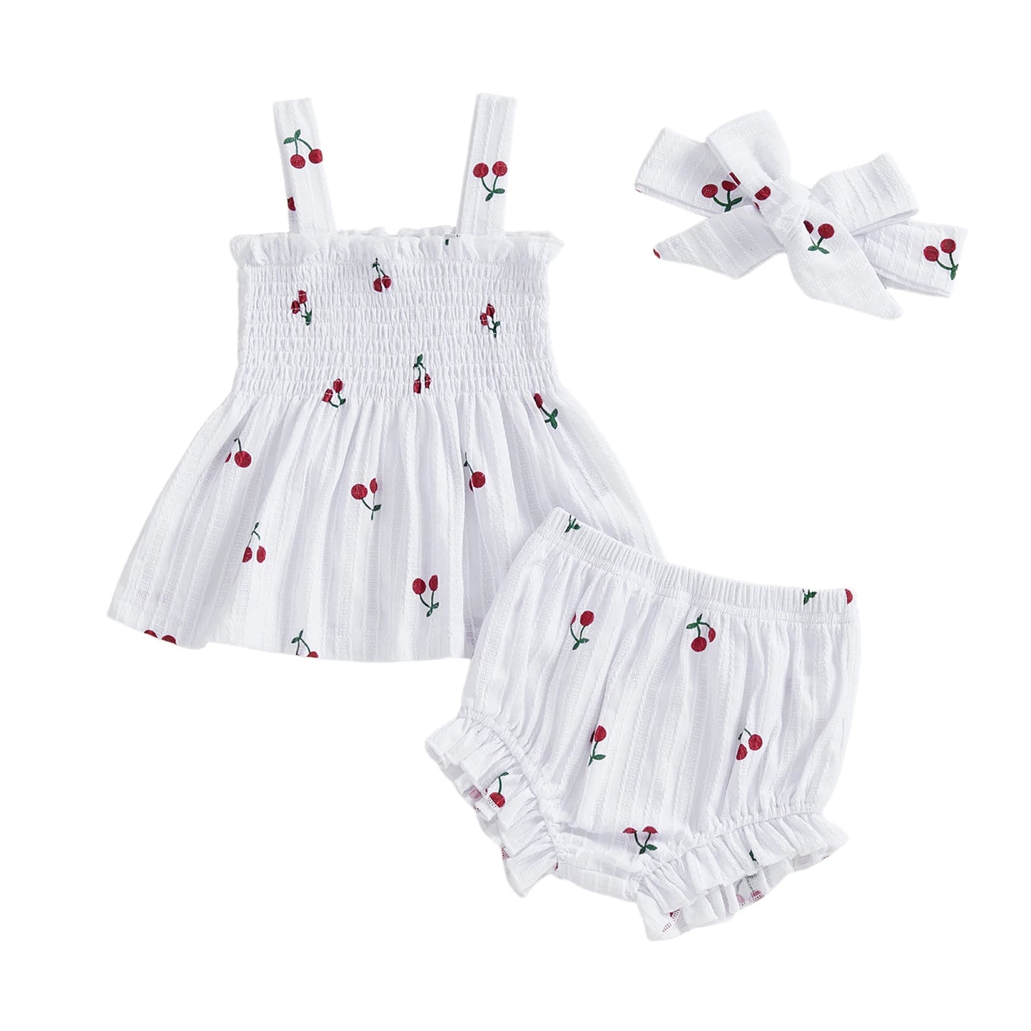 Baby Girls Summer Outfit Set - Cherry Print Square Collar Top with Ruffled Shorts & Headband 0-24M